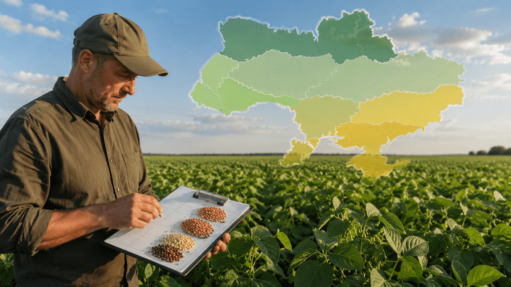 Фермер у полі сої обирає сорт насіння з урахуванням регіону вирощування в Україні