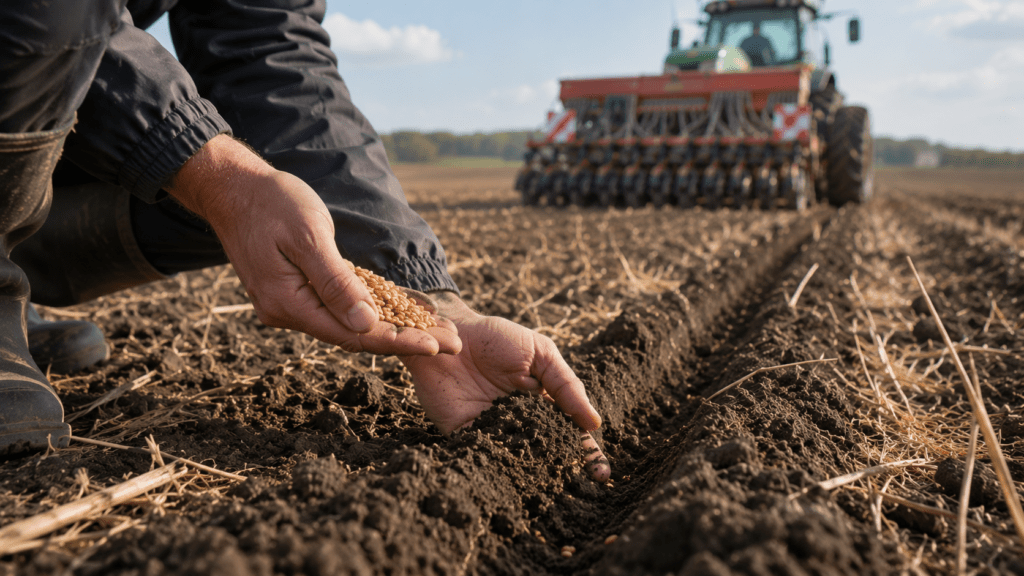 Агроном перевіряє насіння озимої пшениці та глибину сівби в полі